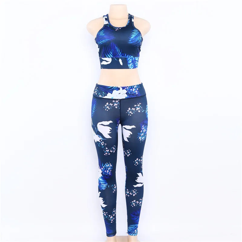 Women Yoga Sets Print Flower 2-piece Bra & Leggings