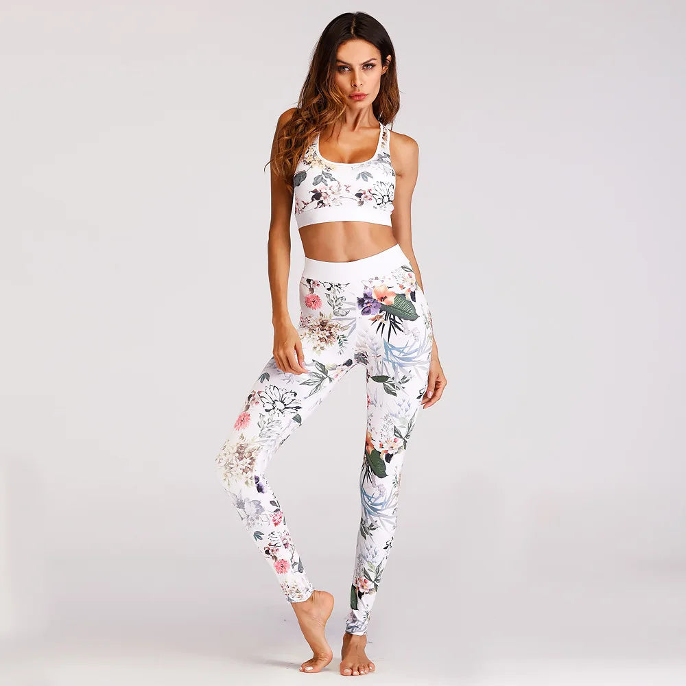 Women Yoga Sets Print Flower 2-piece Bra & Leggings