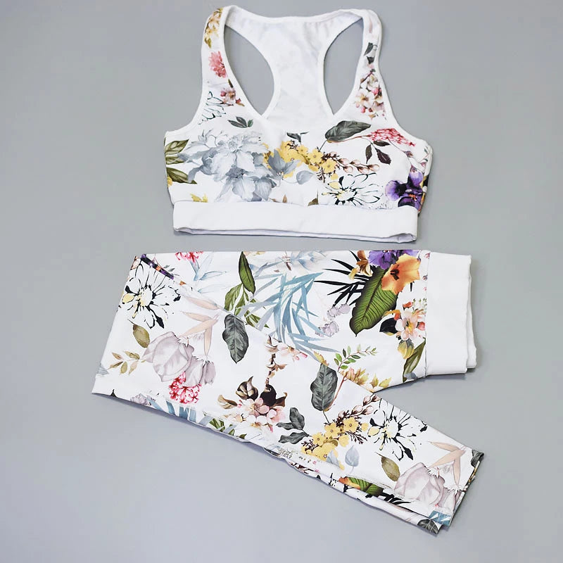 Women Yoga Sets Print Flower 2-piece Bra & Leggings