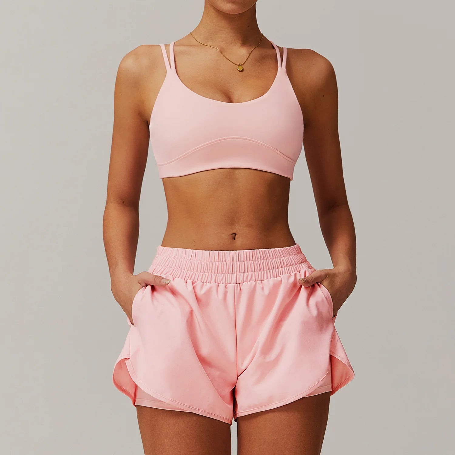 Women Athletic Shorts With Pocket Crisscross Bras Sets