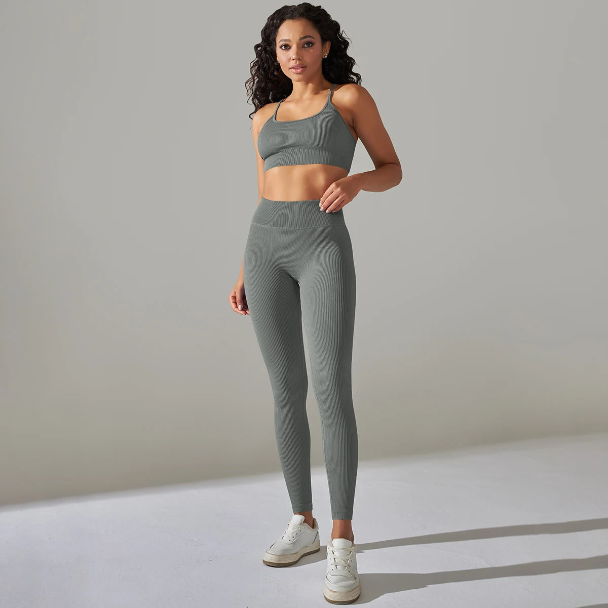 Seamless Ribbed Women'sTwo Piece Yoga Set High Waist